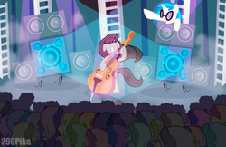 Size: 900x582 | Tagged: safe, artist:290pika, dj pon-3, octavia melody, vinyl scratch, earth pony, pony, unicorn, g4, bass cannon, cello, crowd, female, horn, mare, musical instrument, stage