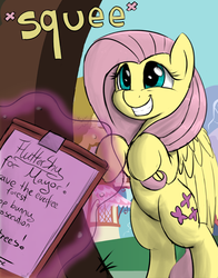 Size: 700x891 | Tagged: safe, artist:crade, fluttershy, pegasus, pony, g4, bipedal, clipboard, colored, cute, female, house, magic, magic aura, mare, onomatopoeia, petition, shyabetes, sky, smiling, squee, telekinesis