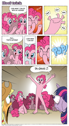 Size: 773x1402 | Tagged: safe, artist:schizopie, applejack, pinkie pie, twilight sparkle, earth pony, pony, unicorn, anthro, plantigrade anthro, g4, too many pinkie pies, bloodshot eyes, blowing into hoof, clone, comic, dialogue, eye bulging, featureless crotch, female, hand, hilarious in hindsight, hoof fingers, jaw drop, mare, mutant, mutation, pinkie clone, speech bubble, transformation