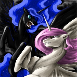 Size: 2000x2000 | Tagged: safe, artist:valkyrie-girl, nightmare moon, princess celestia, g4, duo, fight