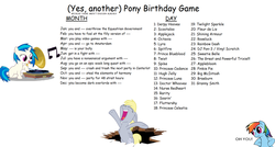 Size: 1619x865 | Tagged: safe, apple bloom, applejack, big macintosh, braeburn, derpy hooves, dj pon-3, doctor whooves, fleur-de-lis, fluttershy, granny smith, hugh jelly, lyra heartstrings, nurse redheart, octavia melody, pinkie pie, prince blueblood, princess cadance, princess celestia, princess luna, rainbow dash, rarity, roseluck, scootaloo, shining armor, soarin', spike, spitfire, sweetie belle, time turner, trixie, twilight sparkle, twist, vinyl scratch, earth pony, pony, g4, birthday game, exploitable meme, male, meme, stallion