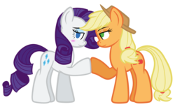 Size: 997x610 | Tagged: safe, artist:terton, applejack, rarity, g4, blushing, female, lesbian, ship:rarijack, shipping