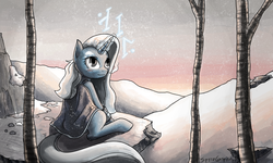 Size: 1496x897 | Tagged: safe, artist:spyroconspirator, oc, oc only, oc:arcaidia, pony, unicorn, fallout equestria, fallout equestria x wild arms: trigger to tomorrow, g4, clothes, fanfic, fanfic art, pipbuck, snow, snowfall, solo, tree, winter