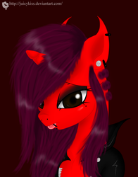 Size: 707x900 | Tagged: safe, artist:juicykiss, oc, oc only, demon, pony, unicorn, bust, ear piercing, lidded eyes, open mouth, piercing, red background, simple background, solo, text, tongue piercing