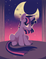 Size: 858x1092 | Tagged: safe, artist:iveechan, twilight sparkle, pony, unicorn, g4, crescent moon, female, mare, moon, night, sitting, solo, unicorn twilight