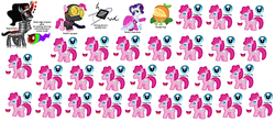 Size: 1260x558 | Tagged: safe, artist:kturtle, king sombra, orange frog, pinkie pie, rarity, shining armor, frog, g4, the crystal empire, too many pinkie pies, clothes, dress, nightmare fuel, reference sheet, socks, spy, text