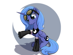 Size: 1600x1200 | Tagged: safe, artist:xn-d, princess luna, alicorn, pony, g4, boots, confused, crescent moon, female, frown, goggles, hoof boots, looking down, mare, moon, raised hoof, s1 luna, simple background, sitting, solo, transparent background