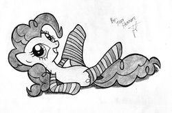 Size: 800x526 | Tagged: safe, artist:jcosneverexisted, pinkie pie, earth pony, pony, g4, clothes, female, monochrome, socks, solo, striped socks, traditional art