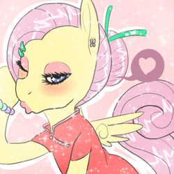 Size: 500x500 | Tagged: safe, fluttershy, ask desushy, g4, cheongsam, chopsticks in hair, clothes, desushy, duckface, uncanny valley