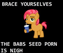 Size: 1066x908 | Tagged: safe, babs seed, earth pony, pony, g4, my little pony: friendship is magic, one bad apple, black background, female, filly, implied porn, meta, rule 34, simple background, soda, text