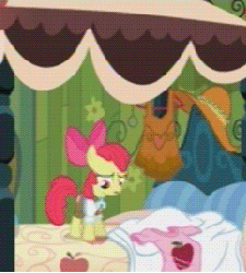 Size: 242x268 | Tagged: safe, screencap, apple bloom, g4, one bad apple, animated, clothes, costume, curtains, female, sunglasses