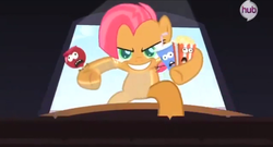 Size: 1361x737 | Tagged: safe, screencap, babs seed, earth pony, pony, g4, one bad apple, season 3, babs seed song, candy apple, cinema, drink, female, filly, foal, fourth wall, macro, popcorn, soda, straw