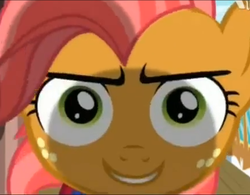 Size: 1237x965 | Tagged: safe, screencap, babs seed, pony, one bad apple, close-up, faic, female, grin, looking at you, rapeface, smiling, smirk, solo, special eyes, wide eyes, wtf