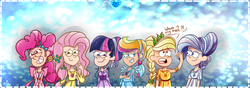 Size: 1500x528 | Tagged: dead source, safe, artist:cherryviolets, applejack, fluttershy, pinkie pie, rainbow dash, rarity, twilight sparkle, crystal pony, human, g4, crystallized, gravity falls, humanized, male, style emulation