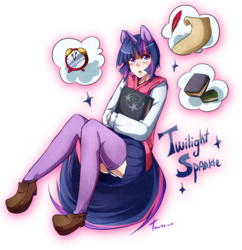Size: 900x931 | Tagged: dead source, safe, artist:tomoe-chi, twilight sparkle, human, g4, book, clock, clothes, eared humanization, female, horn, horned humanization, humanized, panties, quill, skirt, solo, stars, tailed humanization, underwear, upskirt