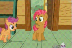 Size: 383x260 | Tagged: safe, screencap, babs seed, scootaloo, earth pony, pegasus, pony, g4, one bad apple, season 3, all new, animated, butt bump, butt to butt, butt touch, female, filly, foal, gif, hub logo, logo, text, the hub