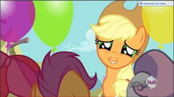 Size: 936x524 | Tagged: safe, screencap, apple bloom, applejack, scootaloo, sweetie belle, g4, my little pony: friendship is magic, one bad apple, balloon