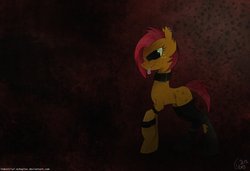 Size: 1280x874 | Tagged: dead source, safe, artist:industrial-echoplex, babs seed, earth pony, pony, g4, one bad apple, blank flank, clothes, collar, ear piercing, female, leggings, piercing, tongue out, tongue piercing