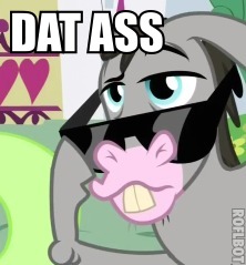 Size: 222x239 | Tagged: safe, screencap, cletus, hybrid, mule, g4, one bad apple, bucktooth, caption, cropped, dat ass, image macro, male, meme, sunglasses