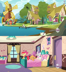Size: 1920x2101 | Tagged: safe, edit, edited screencap, screencap, apple bloom, hondo flanks, scootaloo, sweetie belle, earth pony, pegasus, pig, pony, unicorn, g4, one bad apple, bed, cutie mark crusaders, female, filly, fishing, fishing rod, male, pier, pillow, stallion, sweetie belle's house, water wheel, windmill