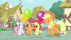 Size: 1176x662 | Tagged: safe, screencap, apple bloom, applejack, scootaloo, sweetie belle, earth pony, pegasus, unicorn, g4, my little pony: friendship is magic, one bad apple, balloon, cutie mark crusaders, ponyville, youtube caption