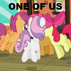 Size: 512x512 | Tagged: safe, edit, edited screencap, screencap, apple bloom, babs seed, scootaloo, sweetie belle, earth pony, pony, g4, one bad apple, animated, bloom butt, booty mark crusaders, butt, caption, cutie mark crusaders, female, freaks, image macro, jumping, one of us, plot, scootabutt, sweetie butt
