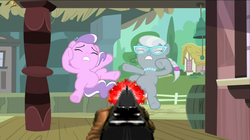 Size: 1280x719 | Tagged: safe, edit, edited screencap, screencap, diamond tiara, silver spoon, earth pony, pony, g4, one bad apple, season 3, abuse, doom, duo, duo female, female, filly, foal, gun, implied babs seed, ponyville, shotgun, spoonabuse, tiarabuse, weapon