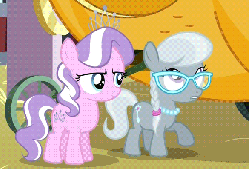 Size: 587x398 | Tagged: safe, screencap, diamond tiara, silver spoon, pony, g4, one bad apple, animated, cute, derp, diamondbetes, female, gif, glasses, looking at you, male, smiling