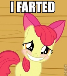 Size: 600x680 | Tagged: safe, edit, edited screencap, screencap, apple bloom, earth pony, pony, g4, one bad apple, blushing, embarrassed, female, filly, image macro, implied farting, meme, solo