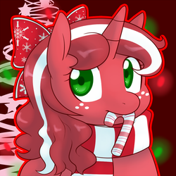 Size: 500x500 | Tagged: safe, artist:redintravenous, oc, oc only, oc:red ribbon, pony, unicorn, bow, candy cane, christmas, christmas tree, clothes, female, mare, scarf, tree