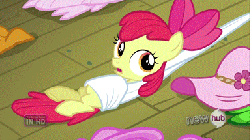 Size: 384x216 | Tagged: safe, screencap, apple bloom, earth pony, pony, g4, one bad apple, animated, barrel roll, female, filly, gif, hat, solo