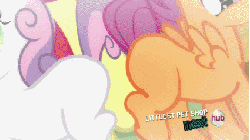Size: 425x239 | Tagged: safe, screencap, apple bloom, scootaloo, g4, one bad apple, animated, blank flank, booty mark crusaders, butt, female, plot, sparkles