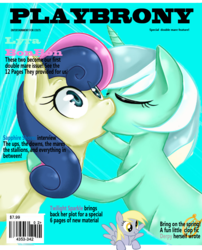 Size: 840x1040 | Tagged: safe, artist:w1kk3d, bon bon, derpy hooves, lyra heartstrings, sweetie drops, pegasus, pony, g4, cover, eyes closed, female, kiss on the lips, kissing, lesbian, magazine, magazine cover, mare, playbrony, scrunchy face, ship:lyrabon, shipping, surprise kiss, surprised