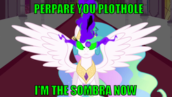 Size: 1280x720 | Tagged: safe, edit, edited screencap, screencap, princess celestia, alicorn, pony, g4, angry, female, glowing eyes, image macro, mare, prepare your anus, solo