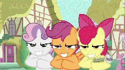 Size: 640x360 | Tagged: safe, screencap, apple bloom, scootaloo, sweetie belle, earth pony, pony, g4, one bad apple, animated, female, filly, sinister
