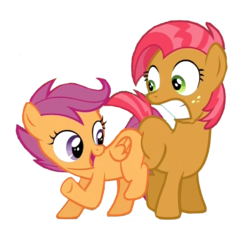 Size: 700x726 | Tagged: dead source, safe, artist:kuren247, babs seed, scootaloo, earth pony, pegasus, pony, g4, one bad apple, butt bump, butt to butt, butt touch, female, filly, simple background, transparent background