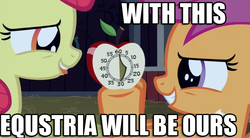 Size: 631x349 | Tagged: safe, edit, edited screencap, screencap, apple bloom, scootaloo, earth pony, pony, g4, my little pony: friendship is magic, one bad apple, apple timer, duo, female, filly, foal, image macro, misspelling, plotting, takeover, timer