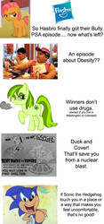 Size: 801x1708 | Tagged: safe, screencap, babs seed, oc, oc:stoney poney, earth pony, pony, g4, one bad apple, adventures of sonic the hedgehog, crossover, duck and cover, hasbro, male, marijuana, obesity, public service announcement, sonic the hedgehog, sonic the hedgehog (series)