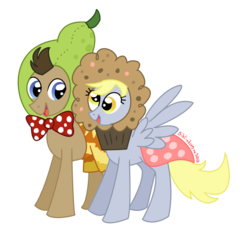 Size: 915x876 | Tagged: safe, artist:bibliodragon, derpy hooves, doctor whooves, time turner, pegasus, pony, g4, one bad apple, clothes, costume, female, mare, muffin, pear, simple background, transparent background