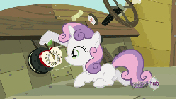 Size: 576x324 | Tagged: safe, screencap, sweetie belle, pony, unicorn, g4, one bad apple, season 3, all new, animated, apple timer, evil smile, female, filly, floppy ears, foal, grin, hub logo, sinister, smiling, text, timer