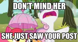 Size: 557x305 | Tagged: safe, edit, edited screencap, screencap, apple bloom, scootaloo, sweetie belle, g4, one bad apple, caption, crying, image macro, ocular gushers, reaction image