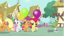 Size: 576x324 | Tagged: safe, screencap, apple bloom, applejack, scootaloo, sweetie belle, g4, one bad apple, animated, balloon, cutie mark crusaders, deflation, female