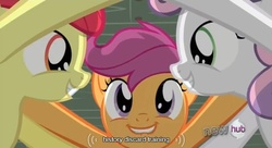 Size: 639x348 | Tagged: safe, edited screencap, screencap, apple bloom, scootaloo, sweetie belle, g4, one bad apple, caption, youtube caption