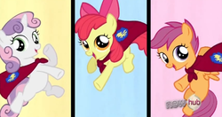 Size: 570x300 | Tagged: safe, screencap, apple bloom, scootaloo, sweetie belle, g4, one bad apple