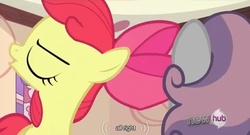 Size: 638x345 | Tagged: safe, edited screencap, screencap, apple bloom, sweetie belle, g4, one bad apple, caption, youtube caption