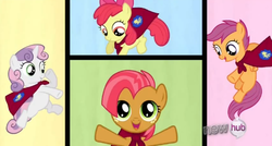 Size: 571x306 | Tagged: safe, screencap, apple bloom, babs seed, scootaloo, sweetie belle, earth pony, pegasus, pony, unicorn, g4, one bad apple, season 3, cutie mark crusaders, female, filly, foal, heartwarming