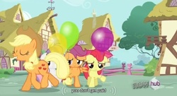 Size: 638x347 | Tagged: safe, edited screencap, screencap, apple bloom, applejack, scootaloo, sweetie belle, g4, one bad apple, caption, youtube caption