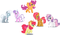 Size: 3367x1964 | Tagged: safe, artist:schnuffitrunks, apple bloom, babs seed, diamond tiara, scootaloo, silver spoon, sweetie belle, earth pony, pegasus, pony, unicorn, g4, cutie mark crusaders, glasses, older, older apple bloom, older babs seed, older diamond tiara, older scootaloo, older silver spoon, older sweetie belle, simple background, transparent background, wrong cutie mark