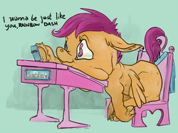 Size: 1280x960 | Tagged: safe, artist:spectralunicorn, scootaloo, pony, g4, classroom, female, solo, table, tech deck