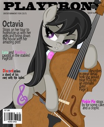Size: 840x1024 | Tagged: dead source, safe, artist:w1kk3d, octavia melody, earth pony, pony, g4, bipedal, bipedal leaning, bow (instrument), cello, cello bow, cover, female, leaning, magazine, magazine cover, musical instrument, playbrony, solo, text